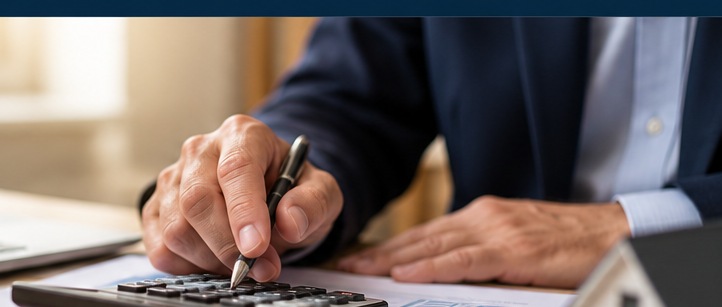 Professional using a calculator to review real estate finances